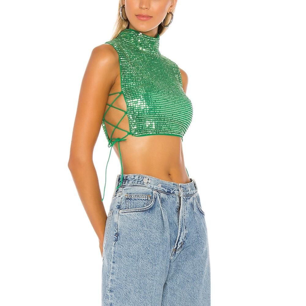 H:ours Sequined Green Mock Neck Crop Top Size XS